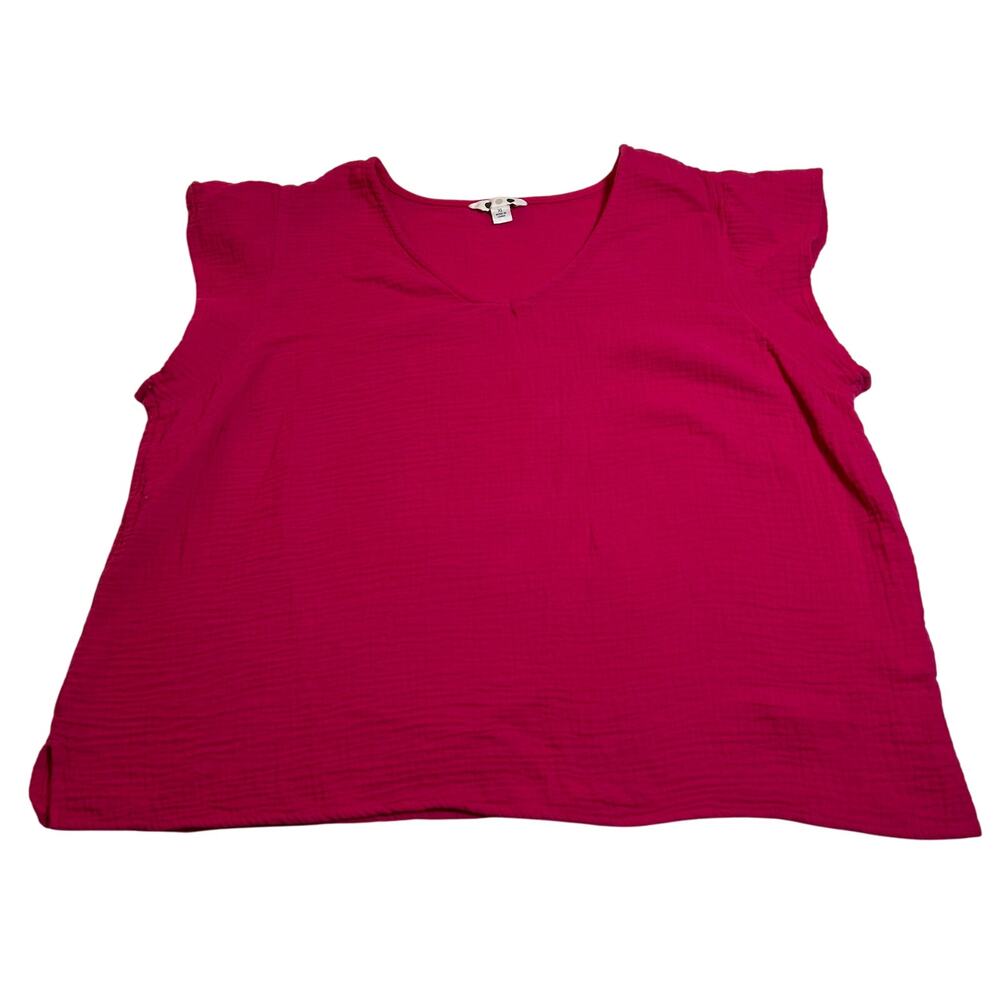 Three Dots V-Neck Cap Sleeve Gauze Flowy Blouse Size XL Cotton Summer Colorful